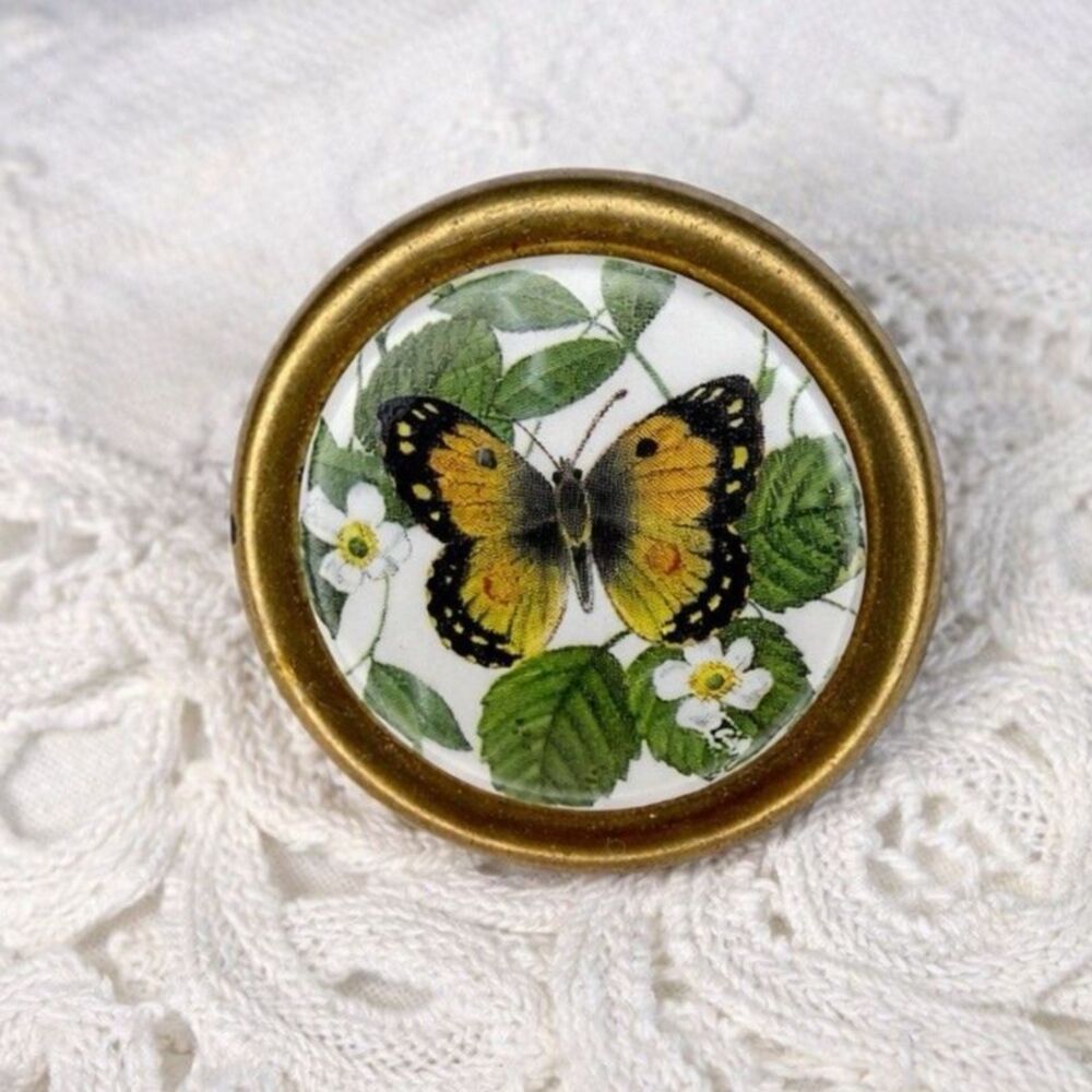 Vintage Butterfly Tin Litho Pin Brooch Yellow Botanical Wildflower Metal 1960s